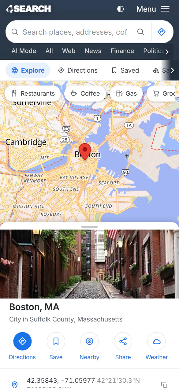 Maps on a phone: the search box and ribbon at the top, the map in the middle, and the panel for Boston as a sheet at the bottom with a grip to drag it up or down